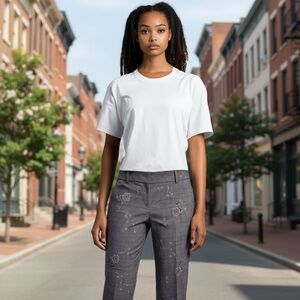 Cache Embroidered Plaid Cropped Cuff Pants